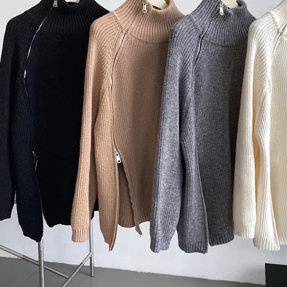 GORGEOUS Chunky Rib Side Zipper Mock Turtleneck Warm Pullover Cream Sweater - Picture 3 of 8